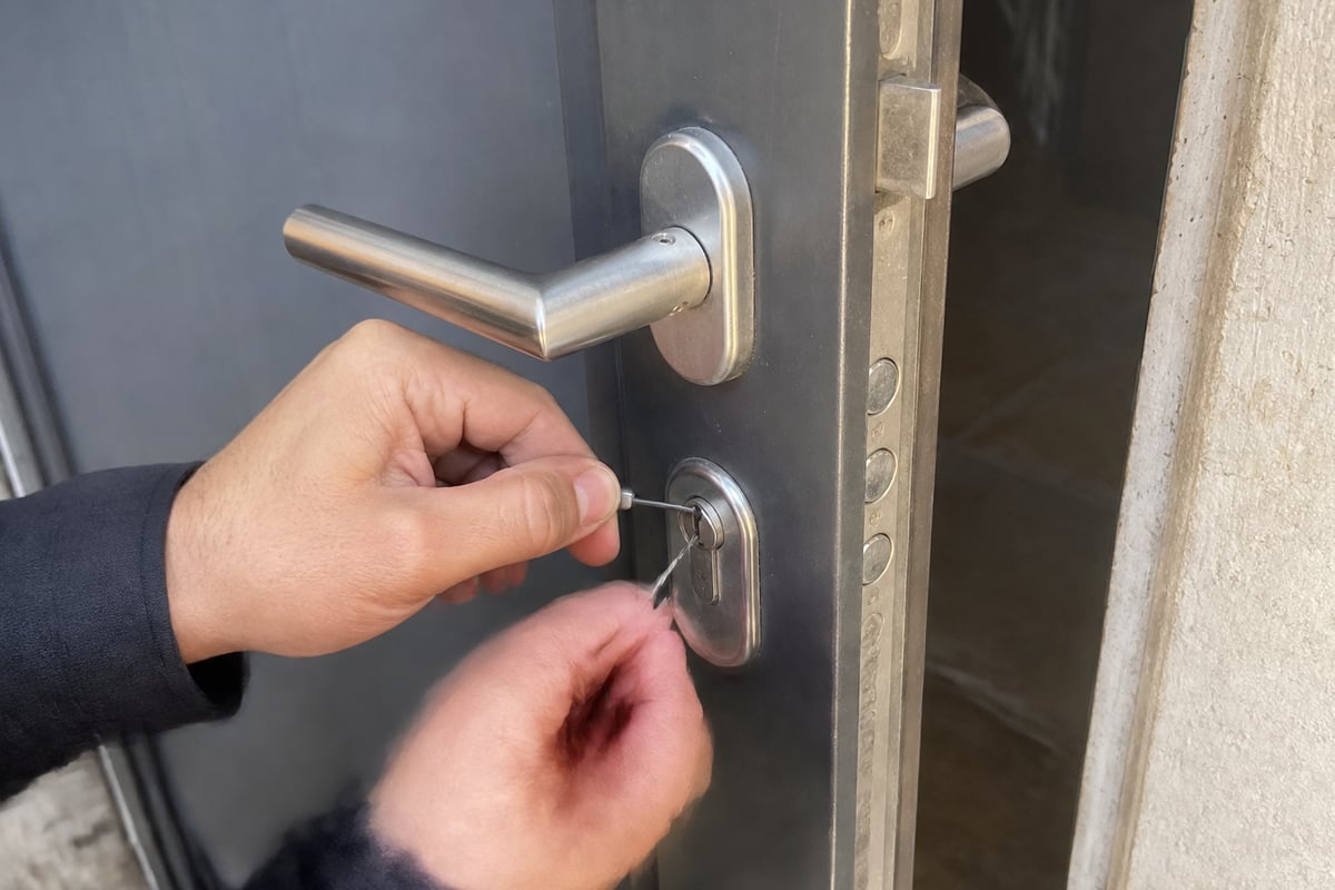 Ouverture de porte par serrurier mains en action