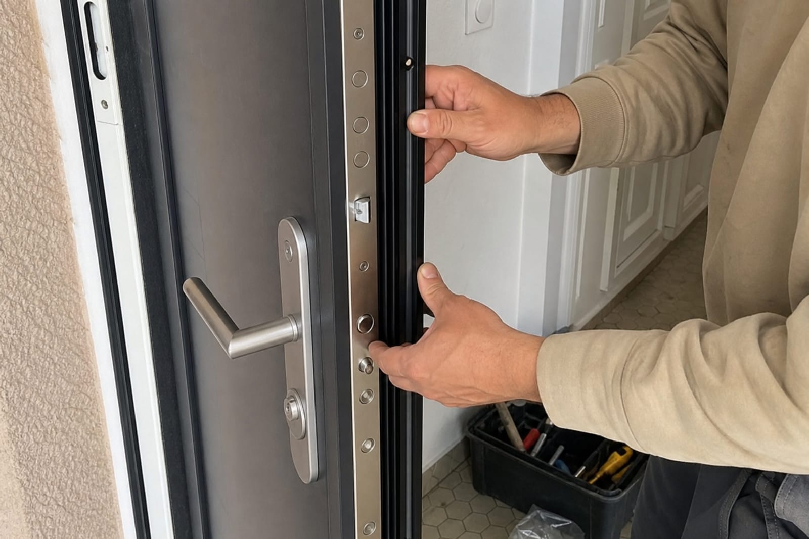 Tranche porte blindée avec serrure multipoints visible