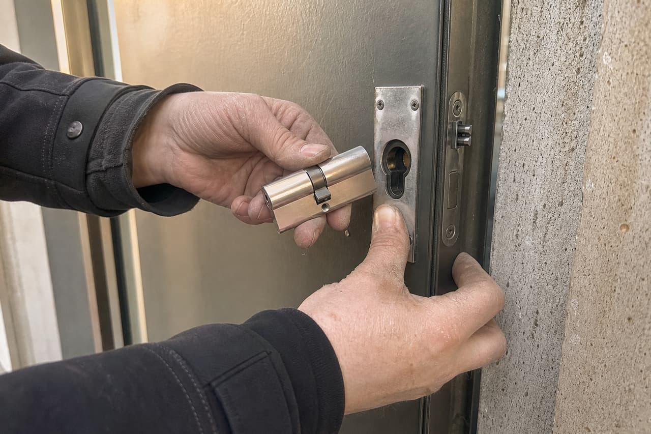 Remplacement cylindre porte immeuble mains en action